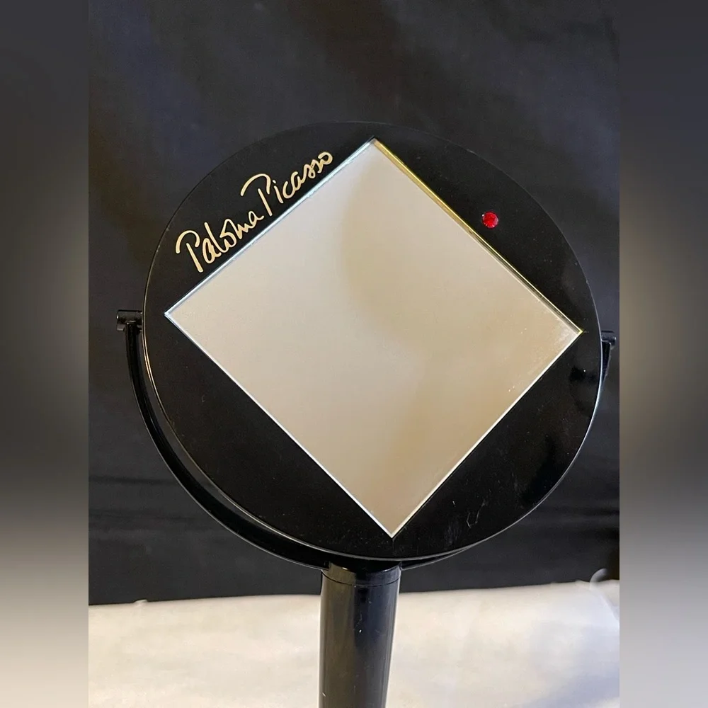 Vintage Paloma Picasso Black Plastic Vanity Mirror on Stand Red Rhinestone